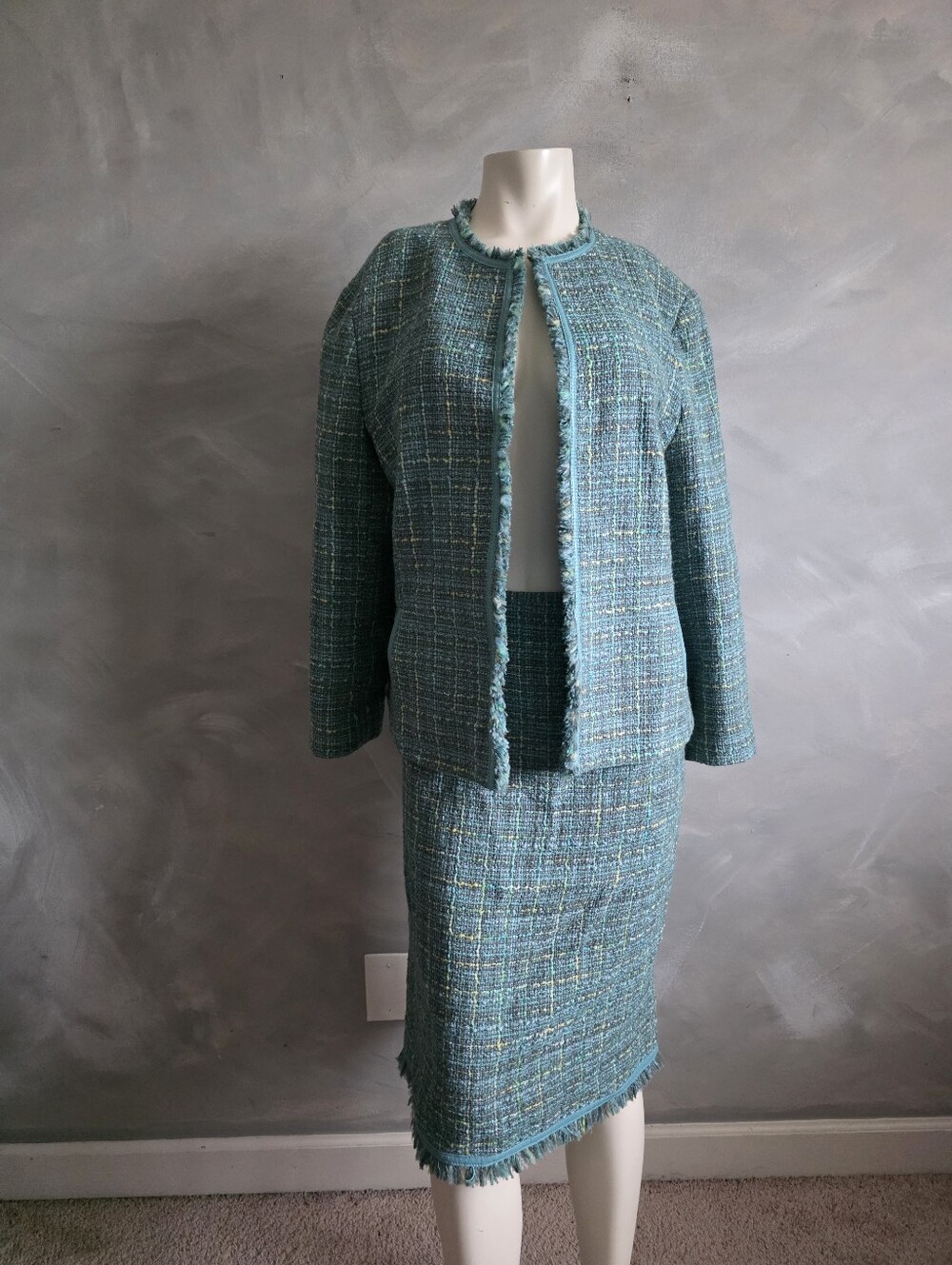 Lafayette 148 New York Turquoise Bouclé Wool Blend Tweed Skirt Suit Set Sz 14